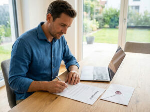 Beratungsgespräch zwischen Makler und Kunden zum Ablauf eines Bieterverfahrens für Immobilien im Hochtaunuskreis.