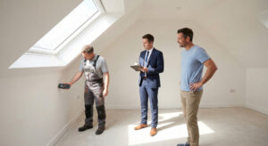 Bausachverständiger prüft Wandfeuchtigkeit in einem Haus im Beisein von Makler und Eigentümer zur Vorbereitung des Verkaufs.