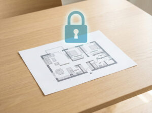 Grundrisszeichnung einer Immobilie mit einem Sicherheitsschloss-Symbol