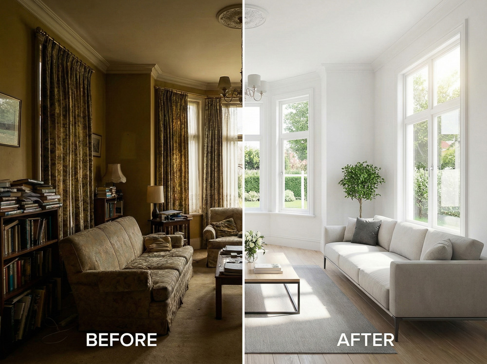 immobilie verkaufen 9 Vergleichsbild: Wohnzimmer vor und nach der Renovierung