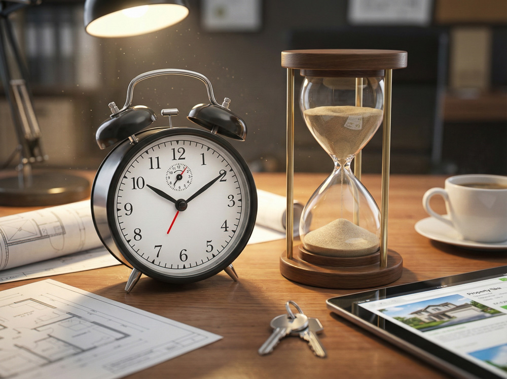 immobilie verkaufen 4 Ein Schreibtisch mit Wecker, Sanduhr, Hausschlüsseln und unscharfen Bauplänen im Hintergrund, der den hohen Zeitaufwand beim privaten Immobilienverkauf symbolisiert.
