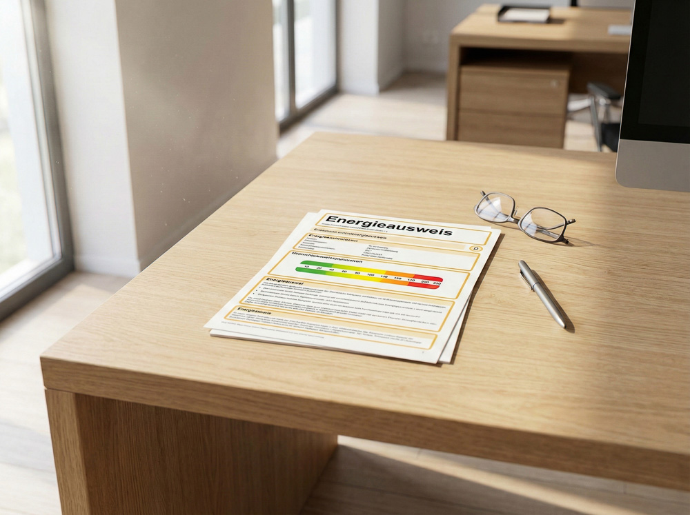 Immobilien-Magazin 3 Energieausweis auf einem Schreibtisch mit Farbskala von Grün bis Rot