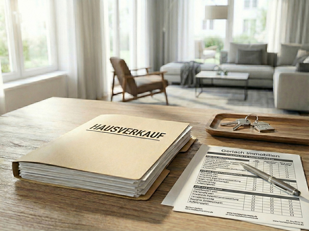 Ein aufgeräumter Schreibtisch mit einer Checkliste für den Immobilienverkauf, einem Ordner und einem Schlüsselbund.