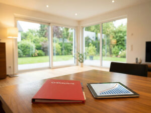 Checkliste auf einem Tisch in einem modernen Wohnzimmer, die symbolisiert, wie man Fehler beim Immobilienverkauf vermeidet.