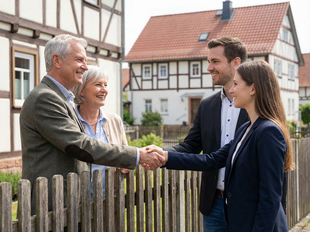 Usingen 5 Handschlag über den Gartenzaun zwischen Nachbarn beim Immobilienverkauf