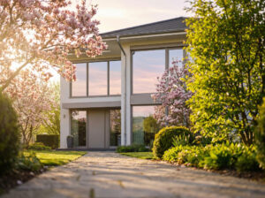 Modernes Einfamilienhaus im Hochtaunus mit gepflegtem Garten im Frühling.