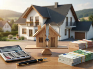 Symbolbild Erbauseinandersetzung: Ein geteiltes Hausmodell und Geldstapel auf einer Waage neben einem Taschenrechner, symbolisch für die Berechnung der Auszahlung von Miterben.