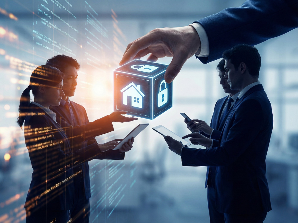 Usingen 3 Hand schützt leuchtenden Würfel mit Haus-Symbol und Schloss vor Datenmissbrauch durch Immobilien-Adresshändler.