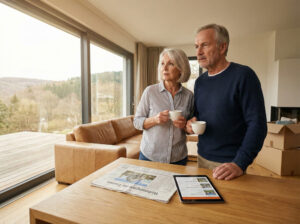 Nachdenkliches Best Ager Paar im Hochtaunus blickt aus dem Fenster, Umzugskartons im Hintergrund symbolisieren den geplanten Immobilienwechsel.