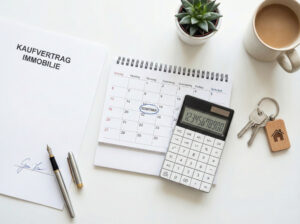 Schreibtisch mit unterschriebenem Immobilien-Kaufvertrag, Kalender und einem Schlüsselbund als Symbol für den Ablauf nach dem Notartermin.