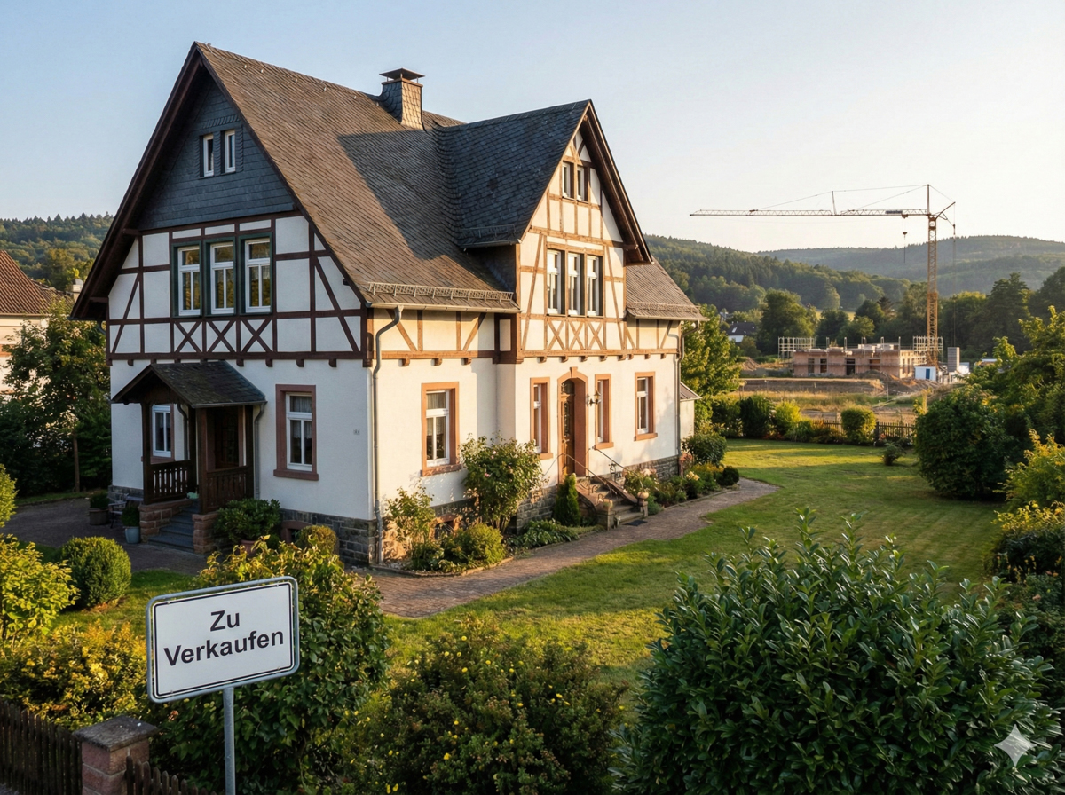 Immobilien-Magazin 9 Gepflegtes Bestands-Einfamilienhaus im Hochtaunus mit 'Zu Verkaufen' Schild. Im Hintergrund eine Baustelle mit Kran, symbolisch für die Neubau-Lücke im Jahr 2026.