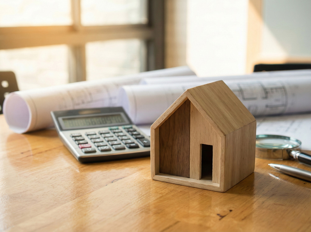 Glashütten 3 Ein kleines Holzhaus-Modell, ein Taschenrechner und Baupläne auf einem Schreibtisch symbolisieren die Berechnung des marktgerechten Immobilienpreises.