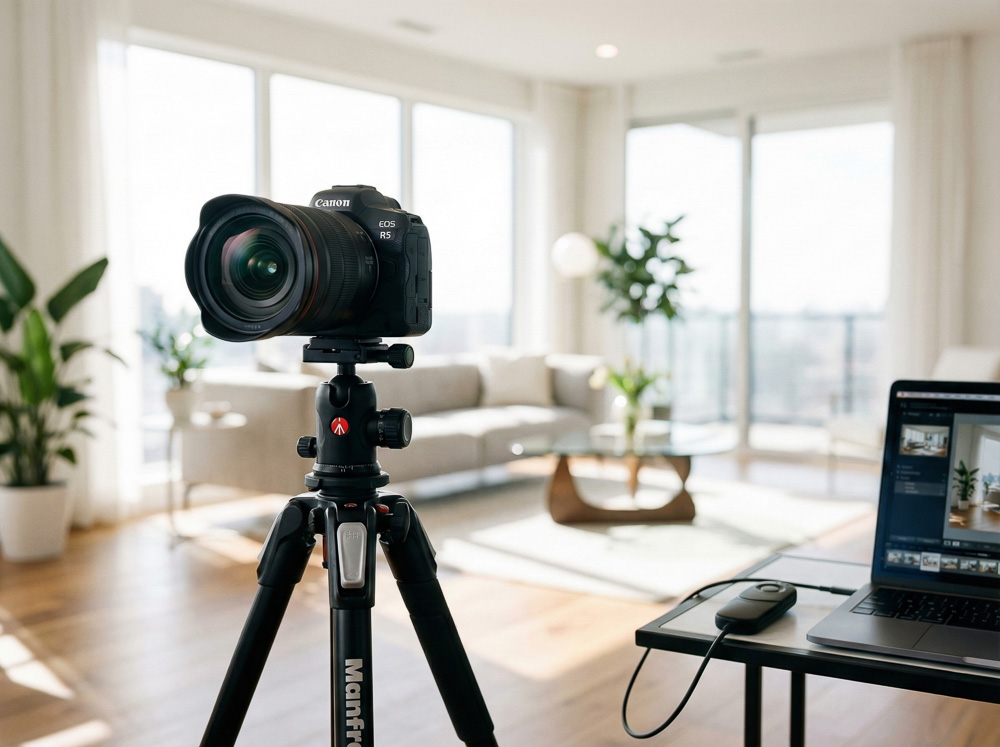 Eine professionelle DSLR-Kamera auf einem Stativ steht in einem hellen, aufgeräumten Wohnzimmer zur Erstellung von Immobilienfotos für das Exposé.