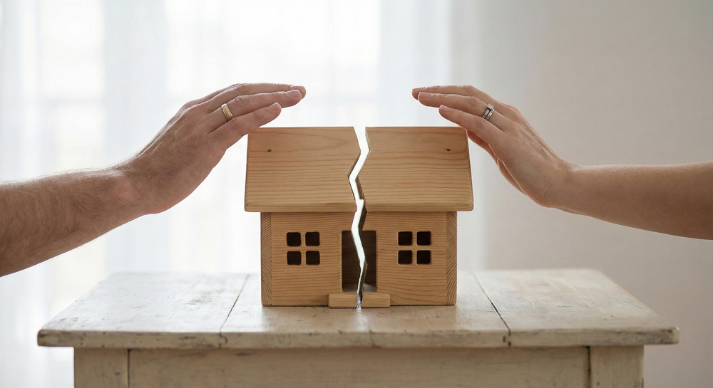 Immobilien-Magazin 7 Geteiltes Holzhaus auf Tisch mit Händen von Mann und Frau – Symbol für Immobilienaufteilung bei Scheidung