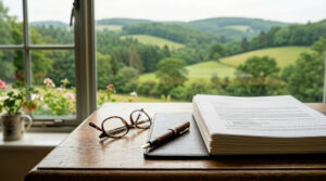 Schreibtisch mit Dokument, Füller und Lesebrille vor grüner Taunuslandschaft – Symbol für Vorsorgevollmacht und Immobilie