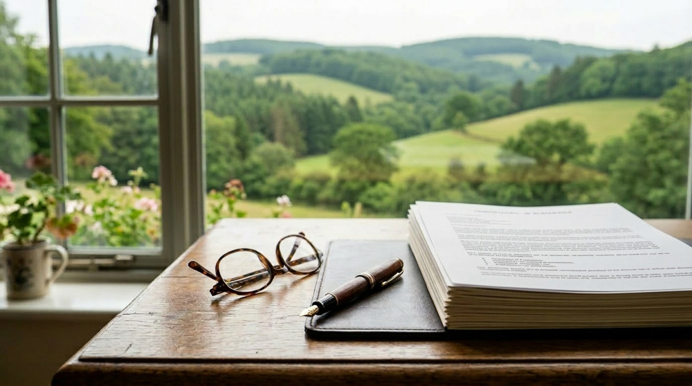 Immobilien-Magazin 1 Schreibtisch mit Dokument, Füller und Lesebrille vor grüner Taunuslandschaft – Symbol für Vorsorgevollmacht und Immobilie