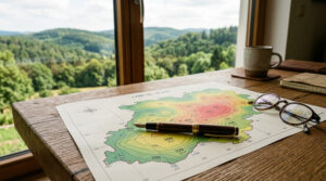 Bodenrichtwertkarte mit Füller auf Holzschreibtisch vor Taunuslandschaft – Bodenrichtwerte Hochtaunus 2026