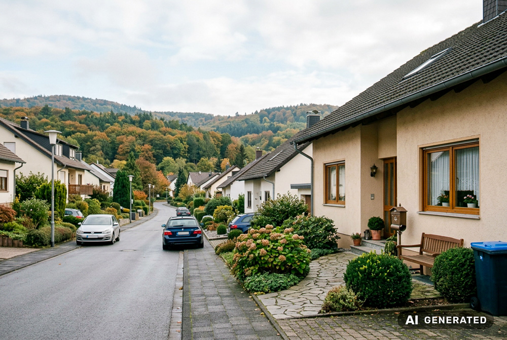 Immobilien-Magazin 1 Gepflegte Wohnstraße mit Einfamilienhäusern und bewaldeten Taunus-Hügeln im Hintergrund